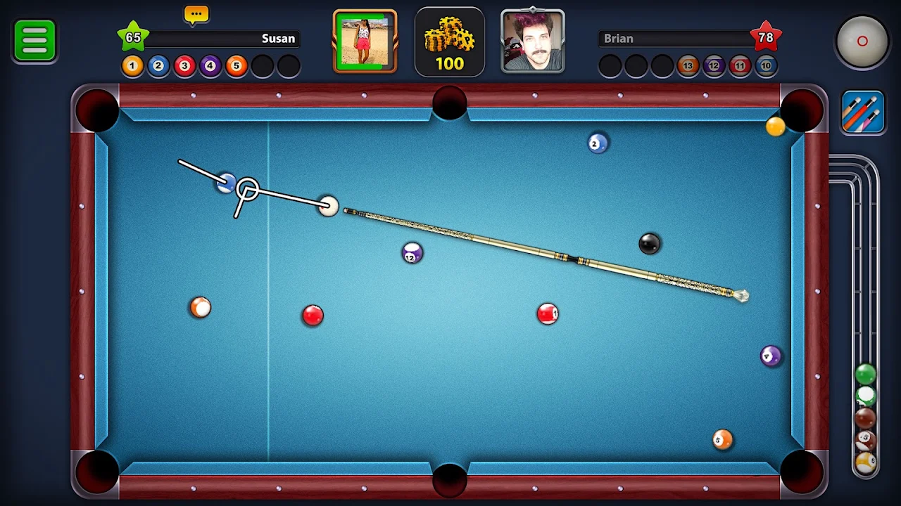 8 Ball Pool gameplay showing a cue lined up on a blue pool table