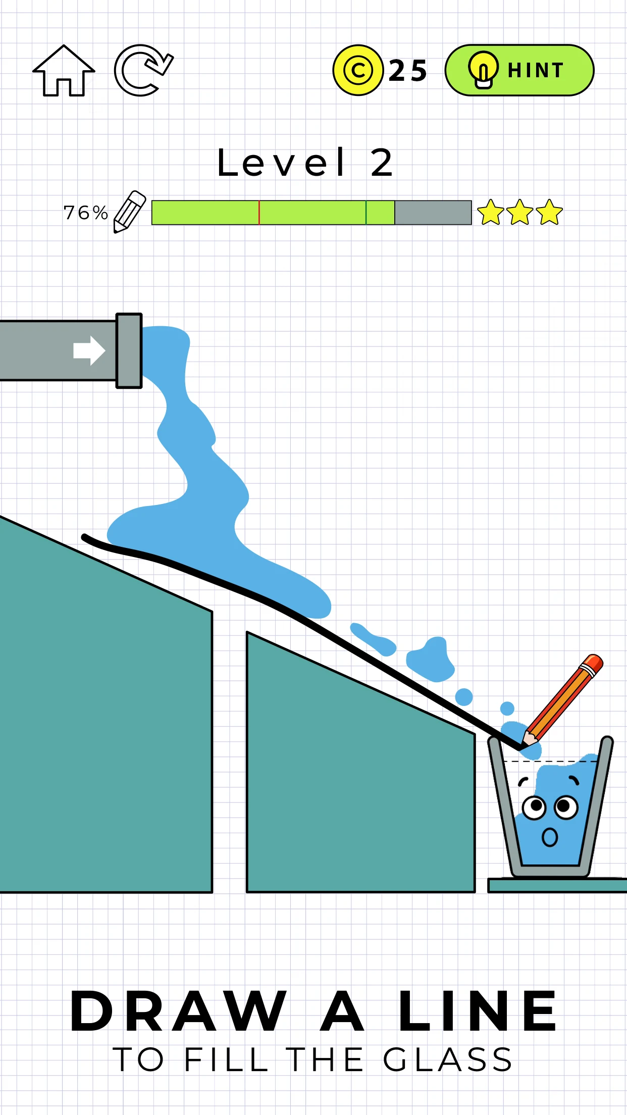 Happy Glass level 2 with a drawn ramp guiding water into the glass