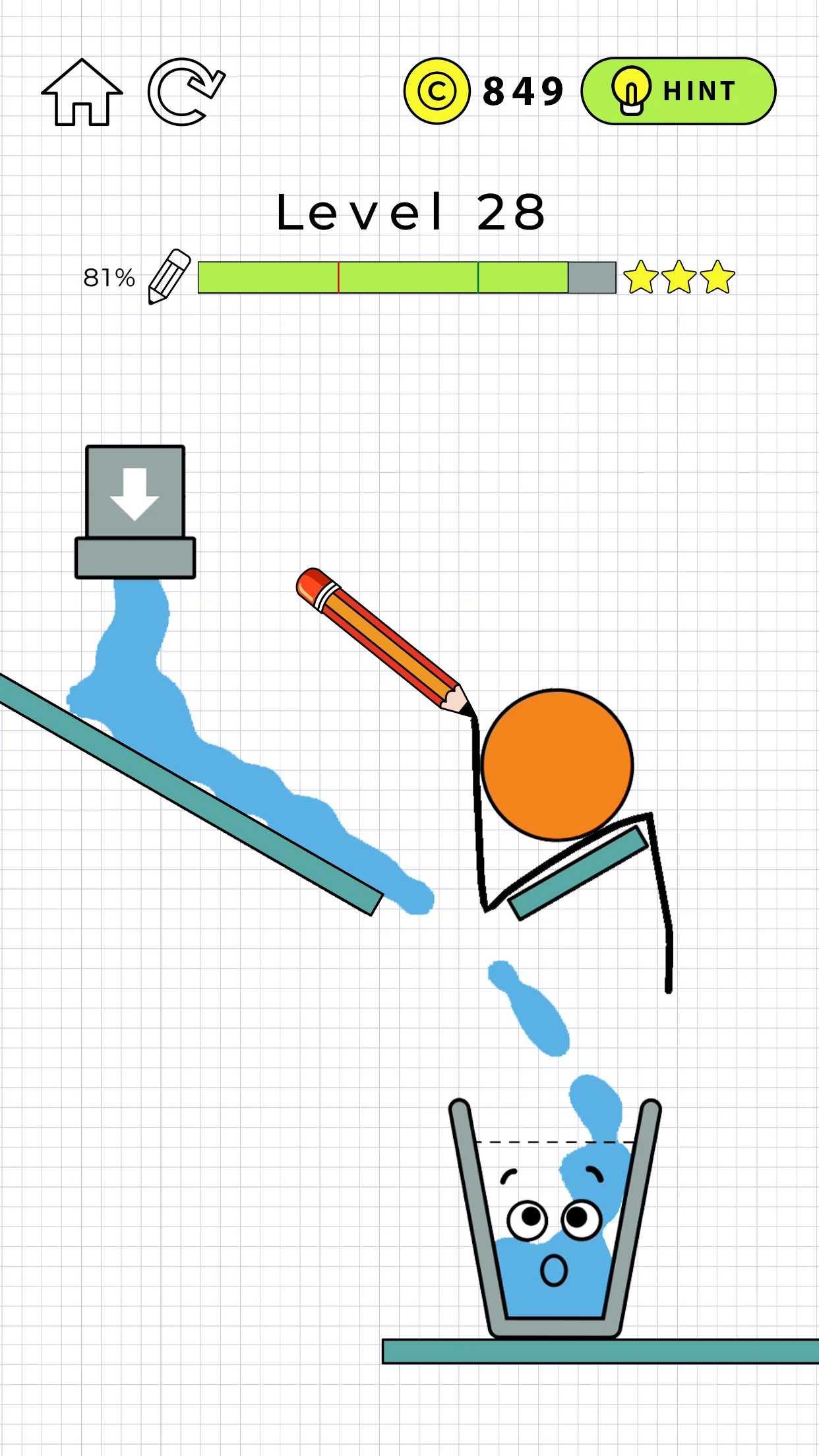 Happy Glass level 28 with a drawn path guiding water past an orange ball