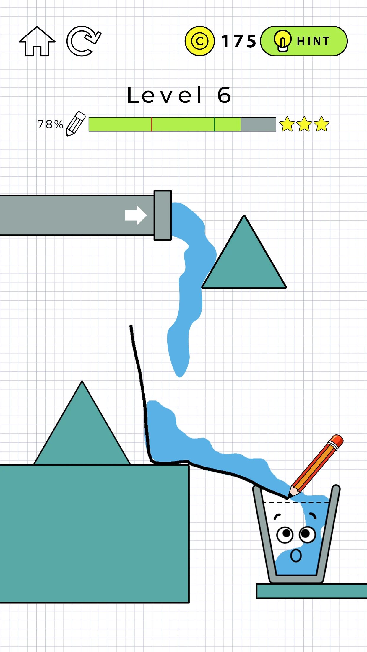 Happy Glass level 6 with water flowing between triangular obstacles